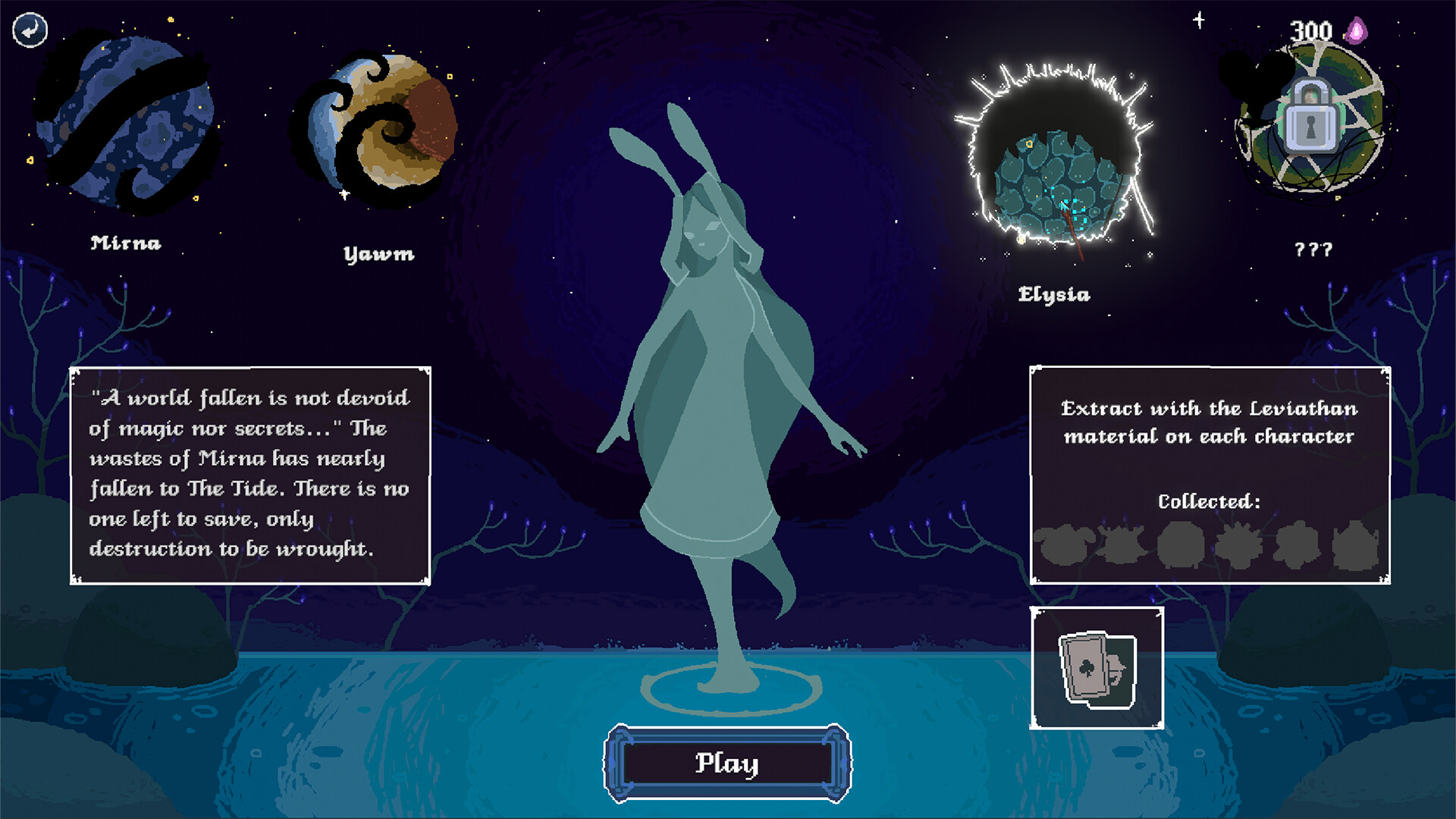 The planet select screen showing Mirna, Yawm and Elysia, with the Leviathan extraction tracker for each character