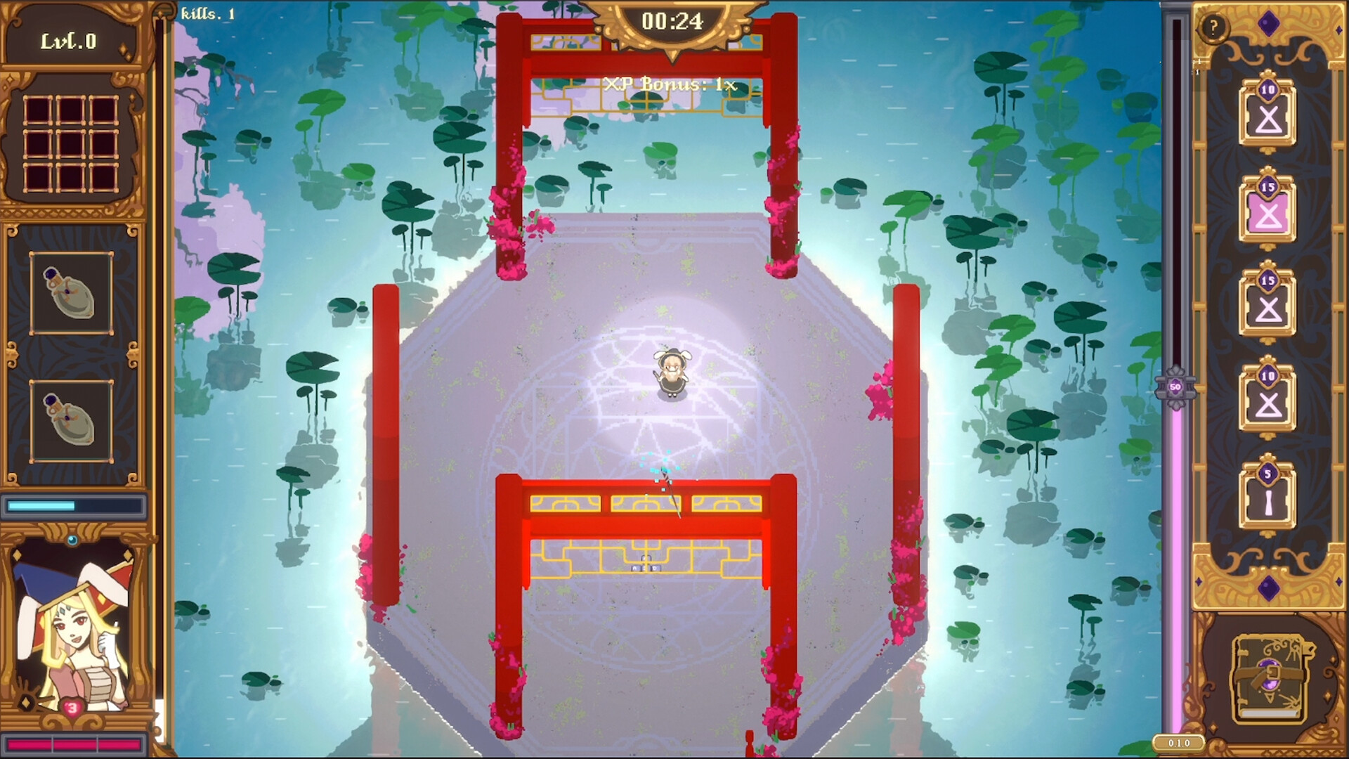 A fresh run starting on a shrine island, with the sigil bar visible on the right